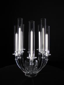 Crystal Candelabra with Flower bowl and Taper Candle Covers for centerpiece at weddings and events for rental